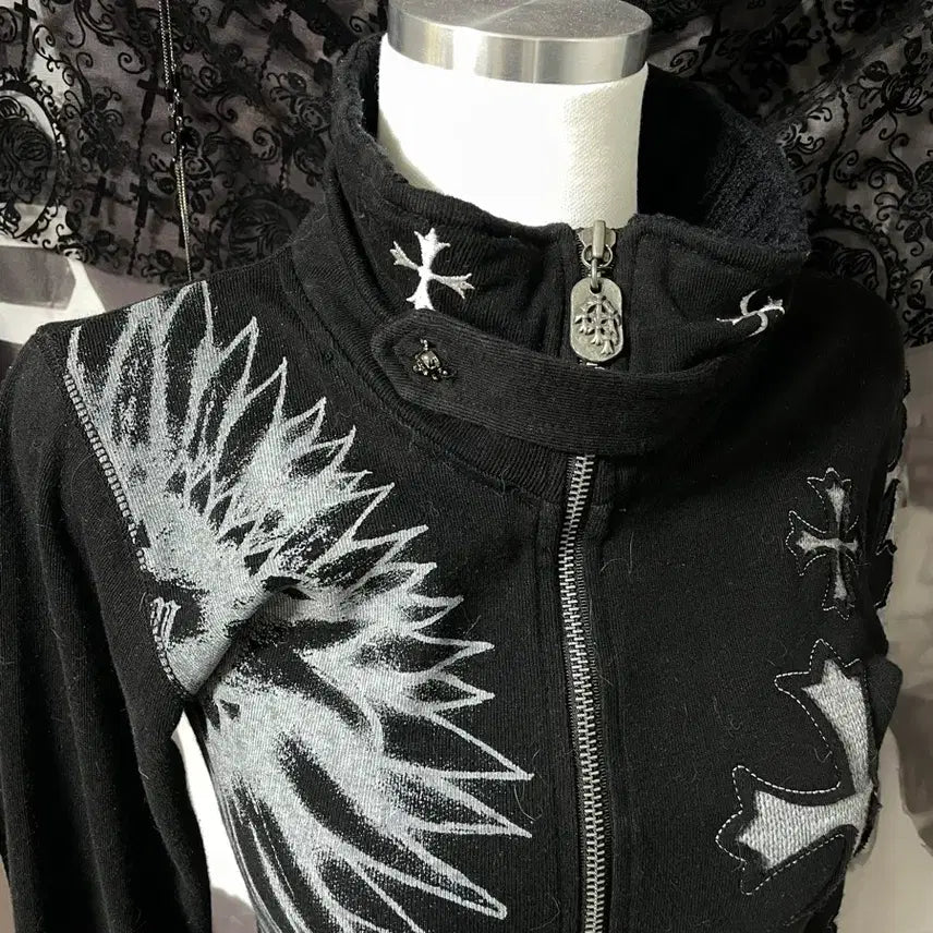 [BUNJANG] Vkei Glitz 00s Punk Knit Zip-Up Hoodie / Vkei 00s Glitz 글리츠고스크로스십자가반하이넥크롬깔펑크니트집업