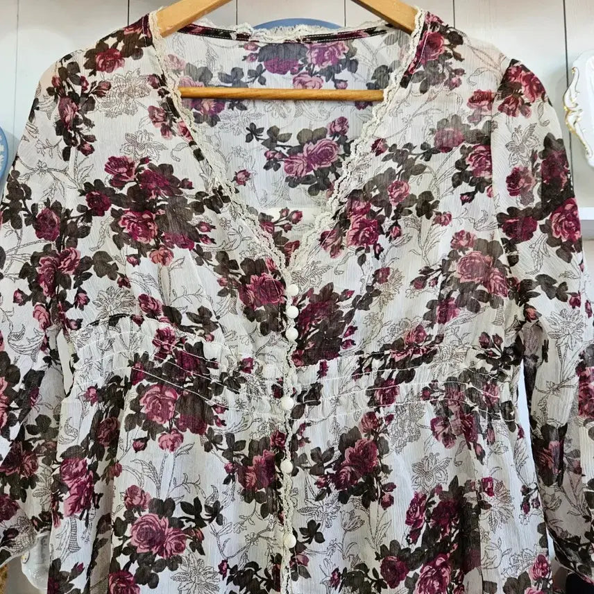 [BUNJANG] PIKABIA Antique Rose Floral Chiffon Long Blouse / 앤틱장미 플라워 쉬폰 롱블라우스