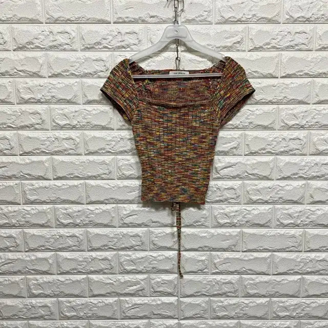 [BUNJANG] Square Neck Short Sleeve Knit T-Shirt / 0174) 스퀘어넥 반팔 니트티셔츠