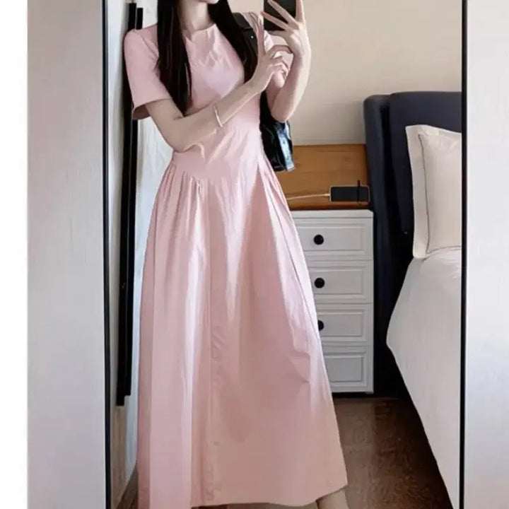 [BUNJANG] Pink Long Sleeve A-Line Midi Dress - M (Sealed) / 핑크색 롱 원피스 반팔 A라인M 미개봉