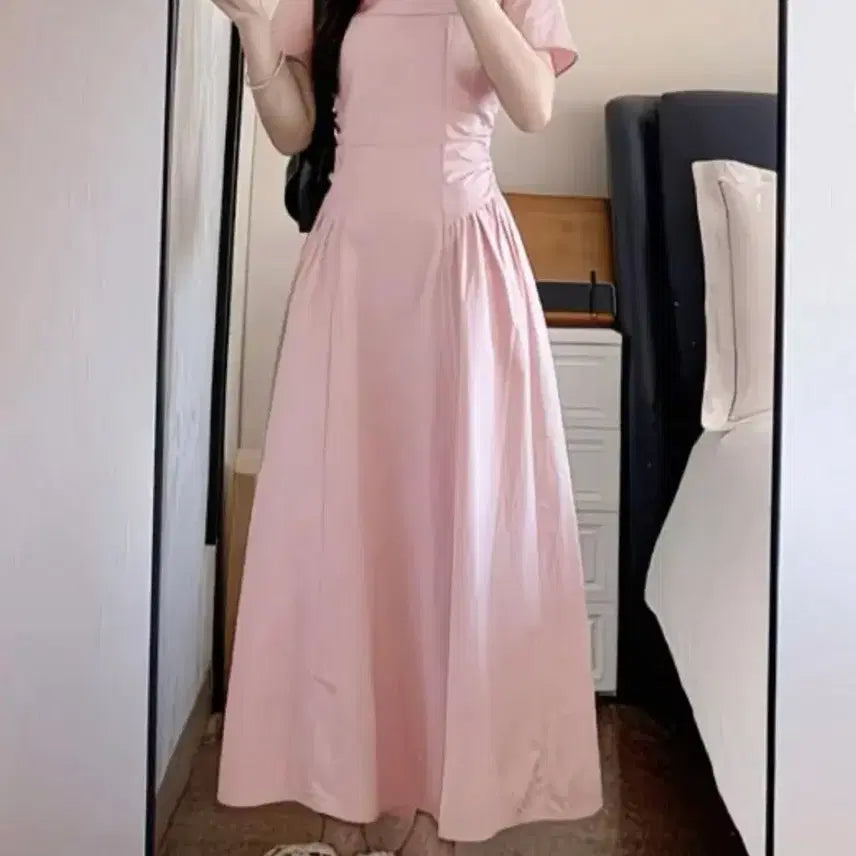 [BUNJANG] Pink Long Sleeve A-Line Midi Dress - M (Sealed) / 핑크색 롱 원피스 반팔 A라인M 미개봉