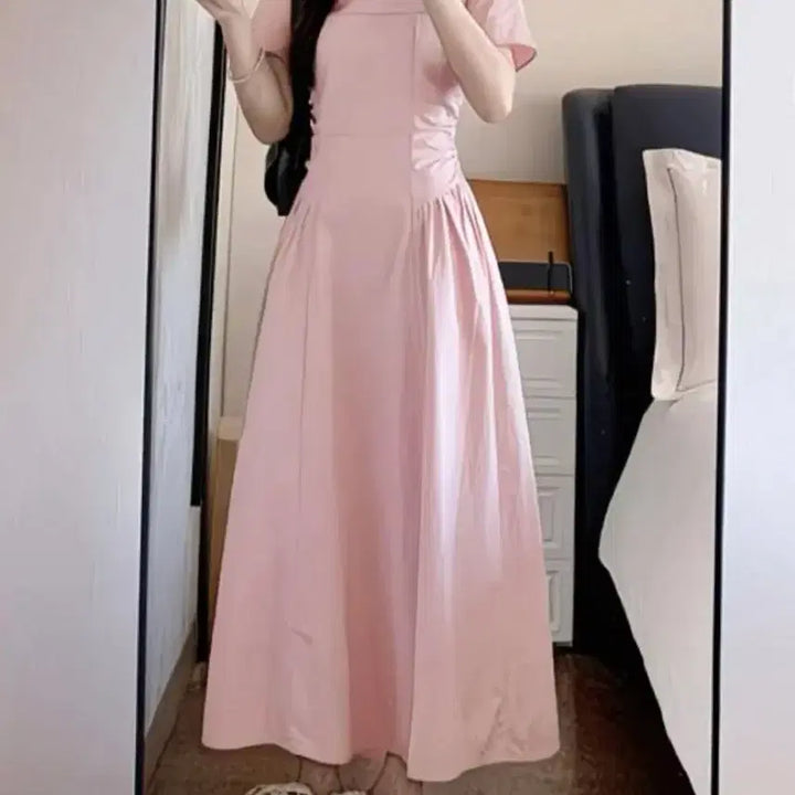 [BUNJANG] Pink Long Sleeve A-Line Midi Dress - M (Sealed) / 핑크색 롱 원피스 반팔 A라인M 미개봉