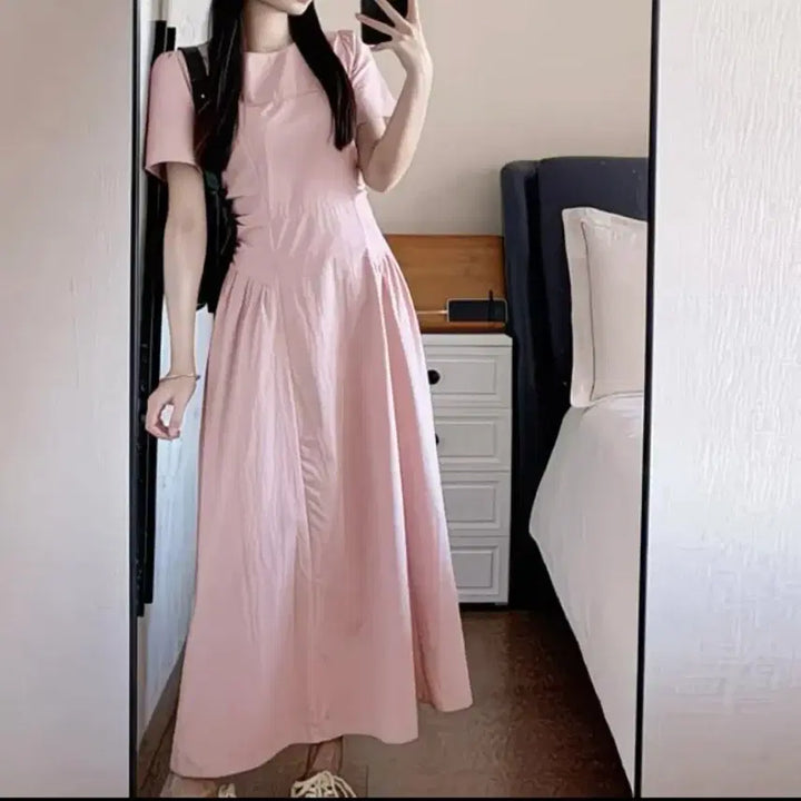 [BUNJANG] Pink Long Sleeve A-Line Midi Dress - M (Sealed) / 핑크색 롱 원피스 반팔 A라인M 미개봉