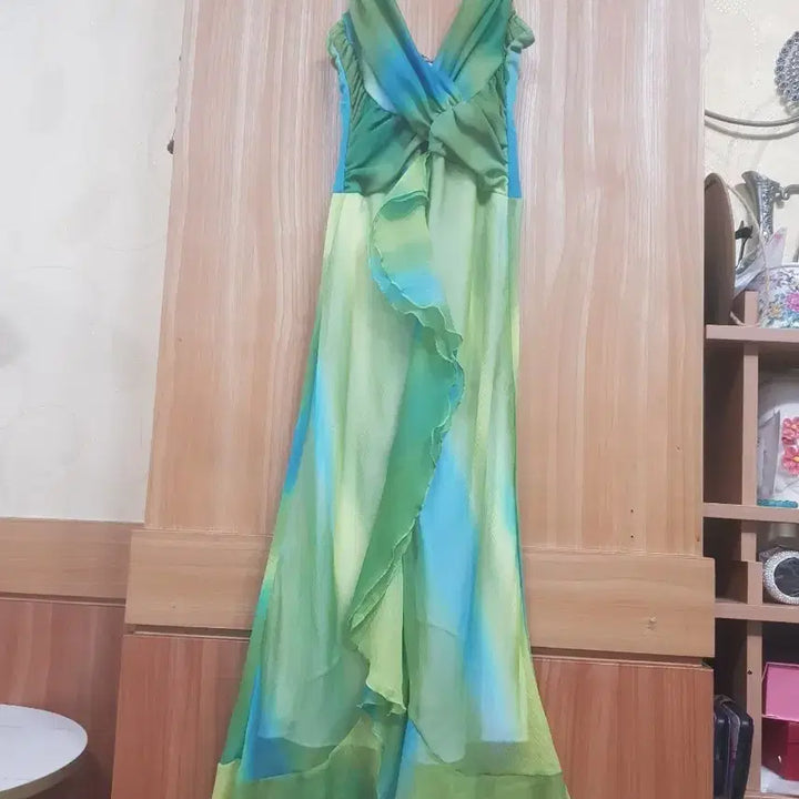 [BUNJANG] Chiffon Long Dress (Green/Blue, Size 44) / 그린/블루 쉬폰 롱 원피스(44)