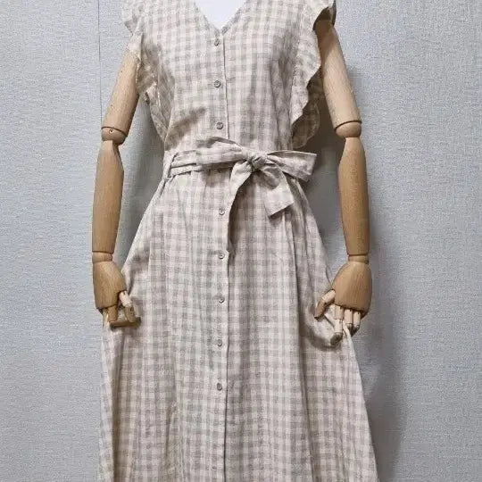 [BUNJANG] Beige Check Pattern Long Dress with Waist Strap and Frill Detail / 베이지 체크패턴 원피스