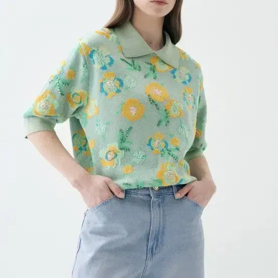 [BUNJANG] Lanvin Sequin &amp; Bead Flower Knit Top / 한섬 랑방 시퀸&amp;비즈 플라원 니트