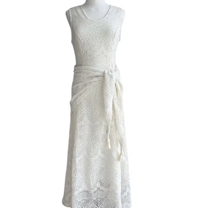 [BUNJANG] White Lace Hip Cover Shawl Set Sleeveless Top / (새상품)화이트 레이스 힙커버 숄세트 민소매 나시 유넥 자수 펀칭 랩 롱