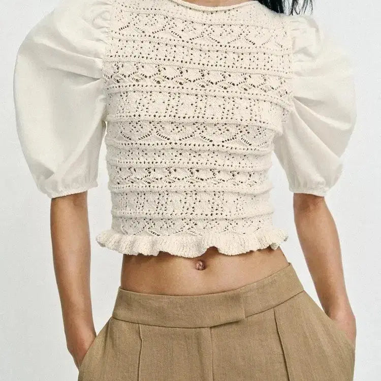 [BUNJANG] Zara Ivory Crochet Puff Sleeve Blouse / 2026자라  ZARA아이보리 크로셰 퍼프 블라우스