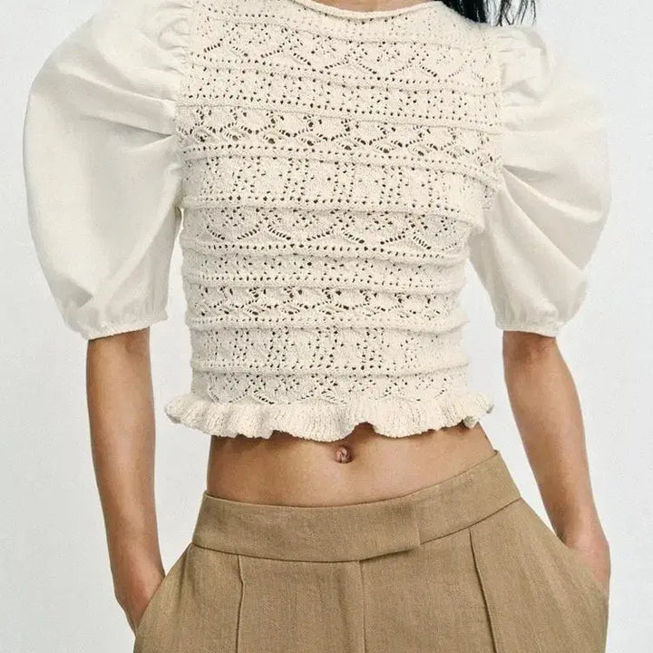 [BUNJANG] Zara Ivory Crochet Puff Sleeve Blouse / 2026자라  ZARA아이보리 크로셰 퍼프 블라우스