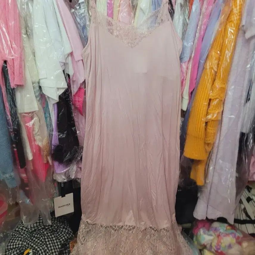 [BUNJANG] Imported Pink Lace Long Slip Dress / 수입 핑크 레이스 롱 슬립 원피스 셋크