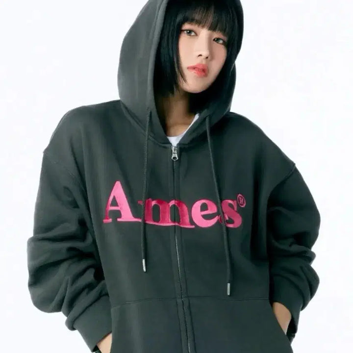 [BUNJANG] AMESS WORLDWIDE Charcoal Cropped Hoodie Zip-Up / 무신사 아메스 월드와이드 차콜 후드집업 크롭