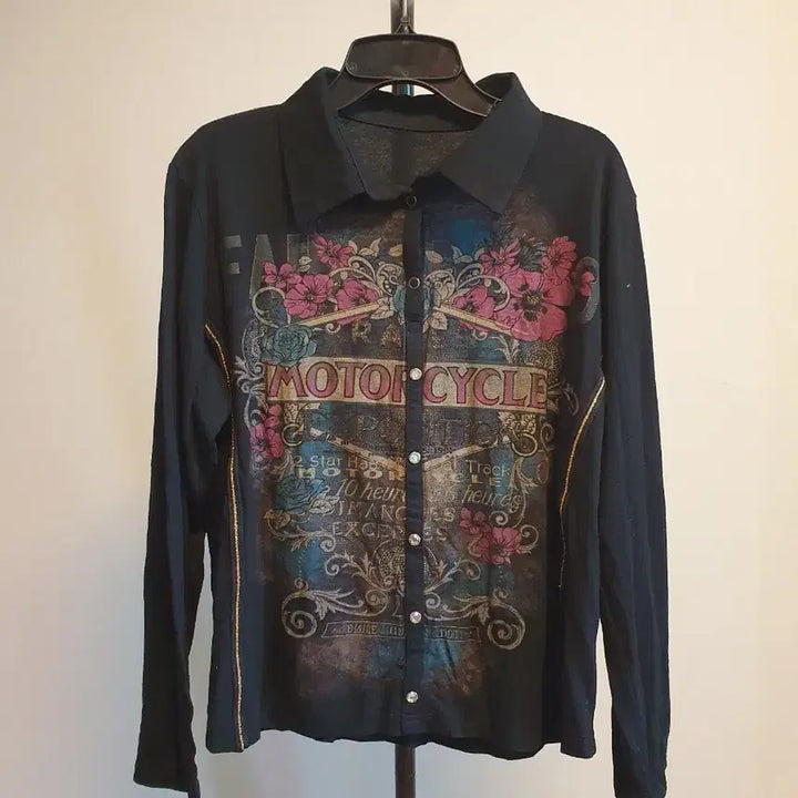 [BUNJANG] Black Motorcycle Print Half-Zip Shirt (Women&
