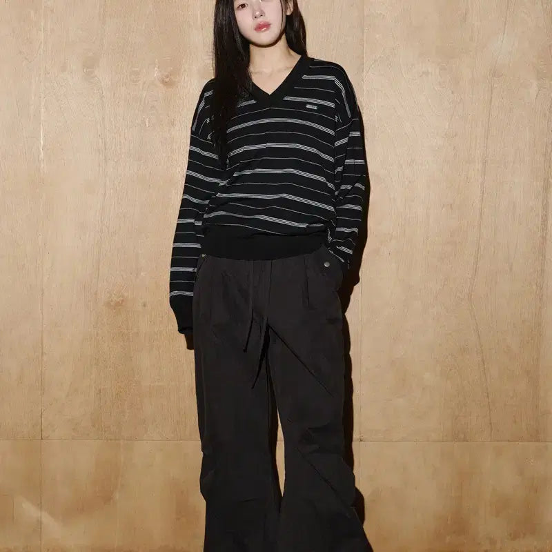 [BUNJANG] Helene Paris Wool Blend Carol Stripe V-Neck Knit / 헬레네파리스 울 블렌드 캐롤 스트라이프 브이넥 니트