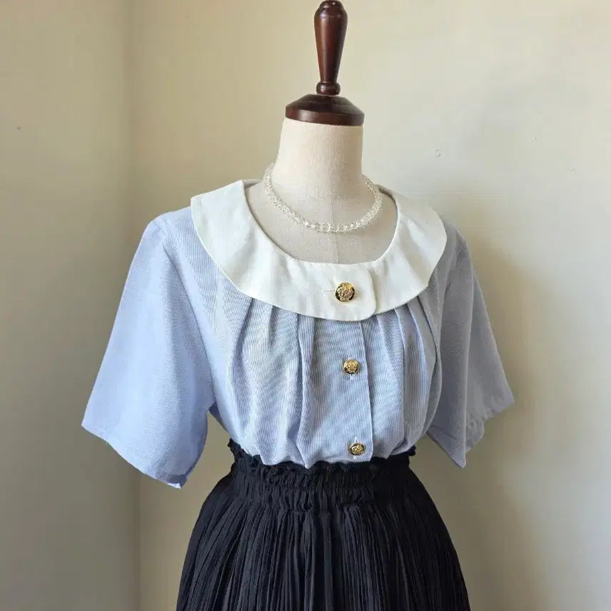 [BUNJANG] Blue Stripe Gold Button Blouse / 블루 스트라이프 금장 단추 블라우스