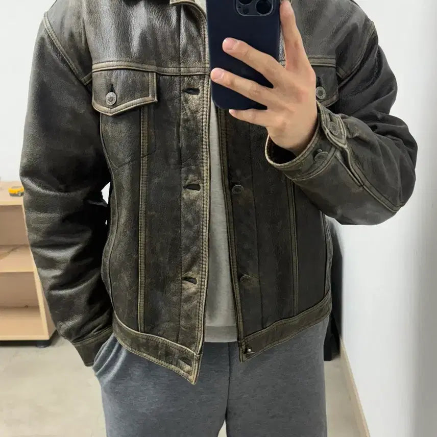 [BUNJANG] MU 3rd Generation Trucker Cowhide Leather Jacket XL / 3세대 트러커 카우하이드 가죽자켓 XL 105