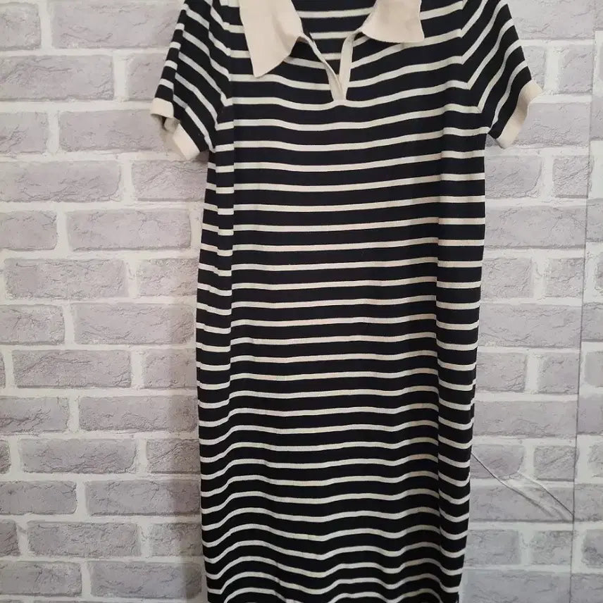 [BUNJANG] Knit Stripe Long Dress / 카라넥 스트라이프 반팔 니트롱 원피스/알뜰한여우