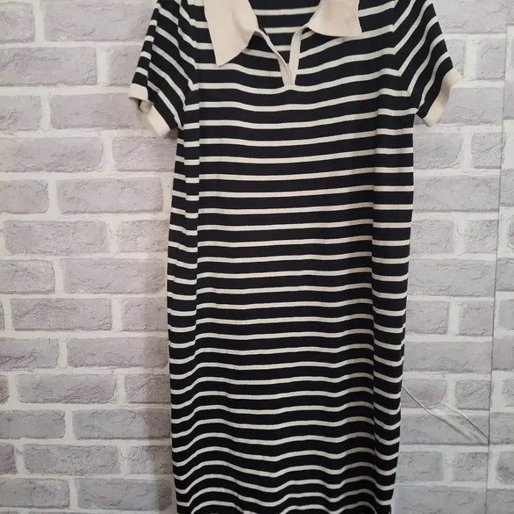 [BUNJANG] Knit Stripe Long Dress / 카라넥 스트라이프 반팔 니트롱 원피스/알뜰한여우