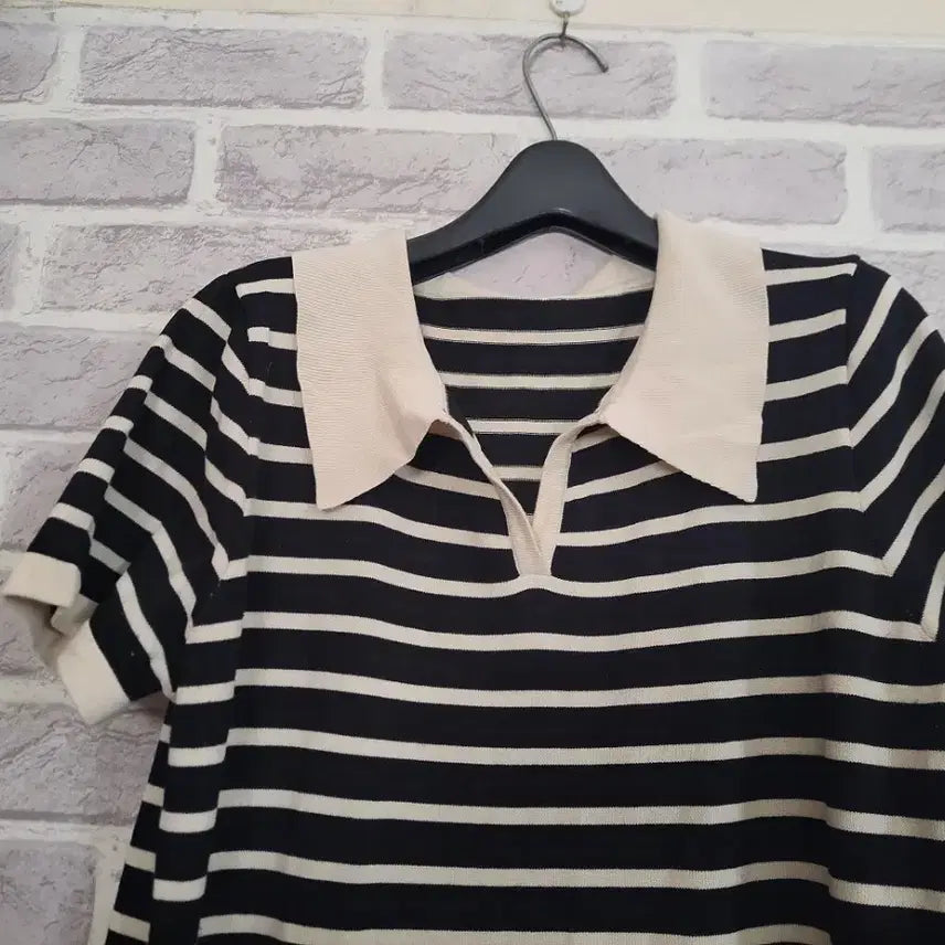 [BUNJANG] Knit Stripe Long Dress / 카라넥 스트라이프 반팔 니트롱 원피스/알뜰한여우