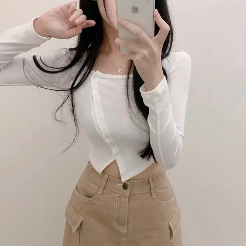 [BUNJANG] Ablley Diagonal Button Crop Cardigan White / 에이블리 사선 단추 크롭 가디건 화이트