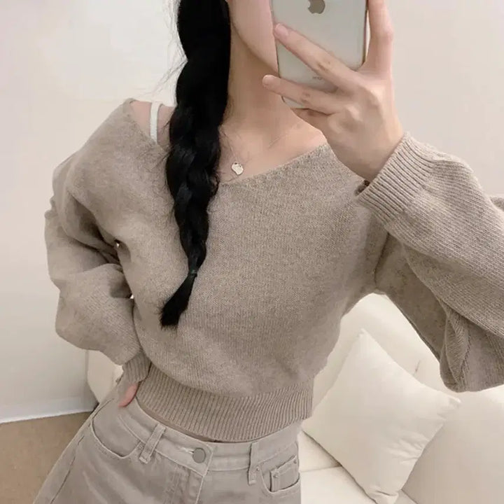 [BUNJANG] Ably V-Neck Cropped Knit Jin Beige / 에이블리 브이넥 크롭니트 진베이지