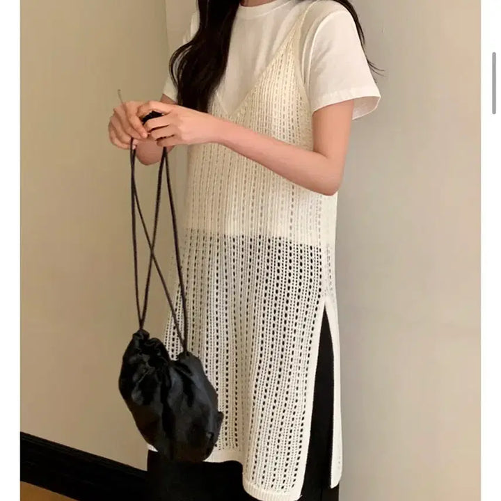 [BUNJANG] A Little Fit Punching Knit Layered Dress - Black / (블랙)어리틀핏 펀칭 니트 레이어드 원피스
