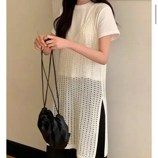 [BUNJANG] A Little Fit Punching Knit Layered Dress - Black / (블랙)어리틀핏 펀칭 니트 레이어드 원피스
