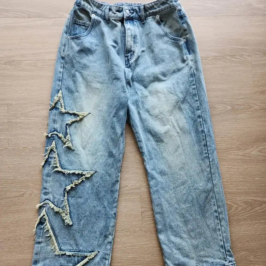 [BUNJANG] XTONZ Star Damage Washing Denim Wide Pants L / 엑스톤즈 별 데미지 워싱 데님 L 허리반벤딩.별 프린팅 데님 와이드 팬츠