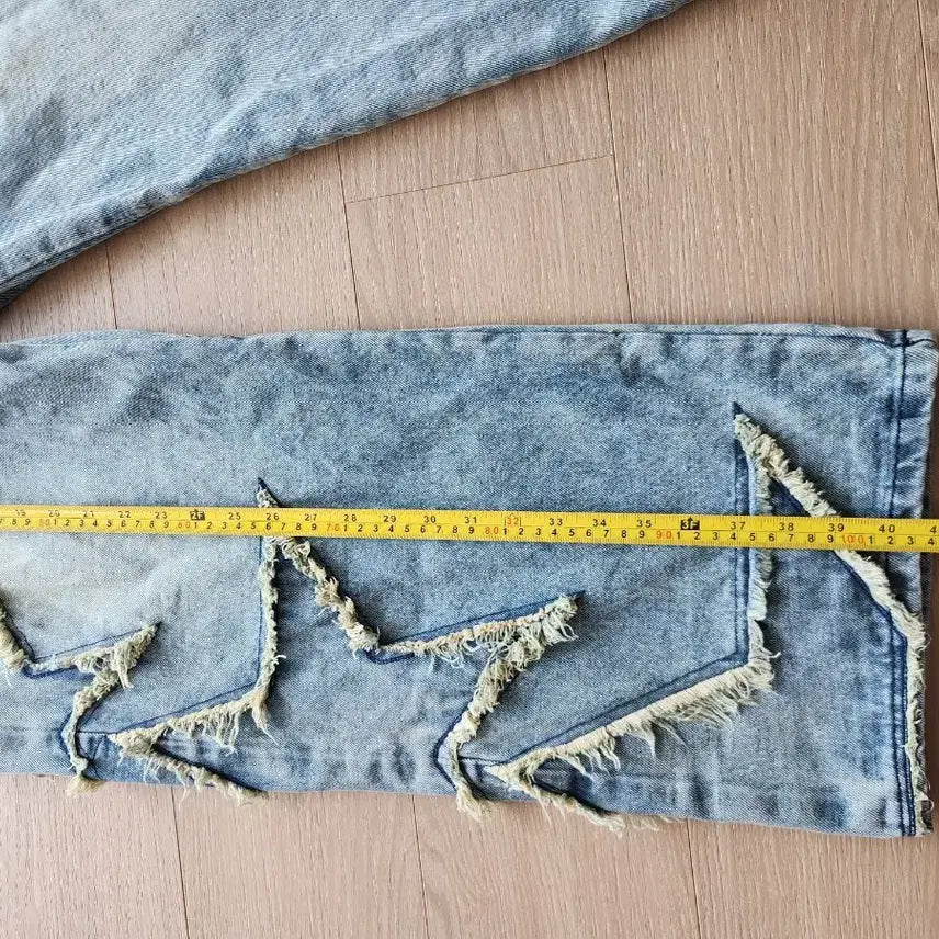 [BUNJANG] XTONZ Star Damage Washing Denim Wide Pants L / 엑스톤즈 별 데미지 워싱 데님 L 허리반벤딩.별 프린팅 데님 와이드 팬츠