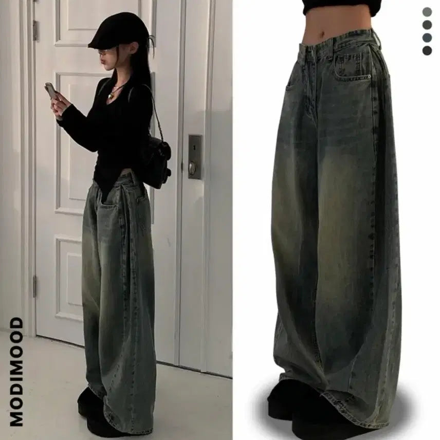 [BUNJANG] Modimood Washing Wide Pintuck Jeans Medium Blue Long S / 에이블리 모디무드 워싱 와이드 핀턱 청바지 중청 롱s