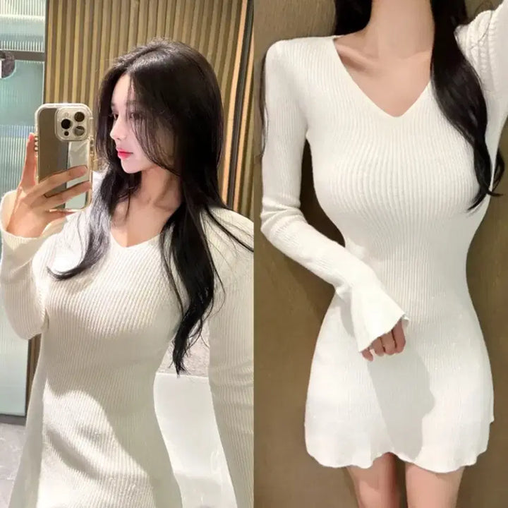 [BUNJANG] White V-Neck Knit Dress / 새상품 화이트 브이넥 니트 원피스