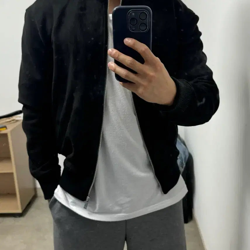 [BUNJANG] Zara Suede High Neck Zip-Up Jacket Black L / 저라 스웨이드 자켓 블랙 100 L 하이넥 집업