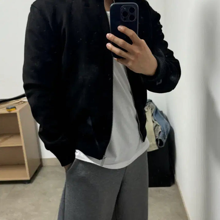 [BUNJANG] Zara Suede High Neck Zip-Up Jacket Black L / 저라 스웨이드 자켓 블랙 100 L 하이넥 집업