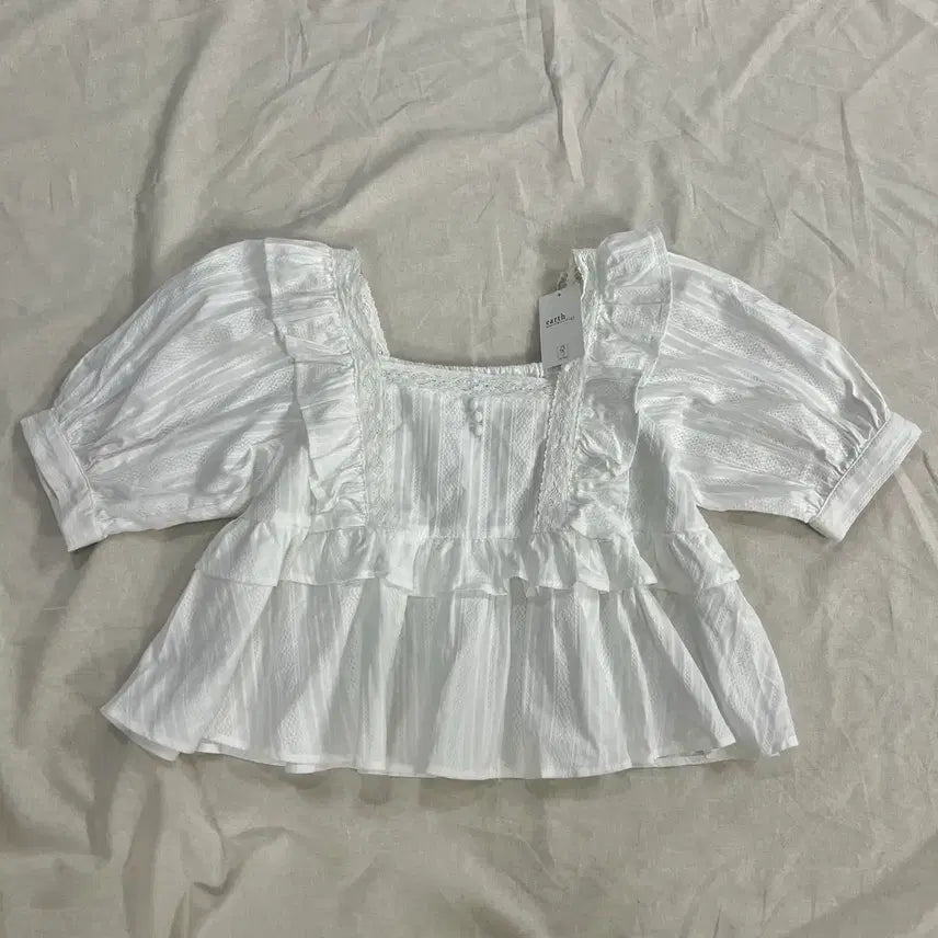 [BUNJANG] Mori Girl Puff Sleeve Lace Ruffle Blouse - White / (새상품) 모리걸 퍼프 소매 레이스 프릴 블라우스 화이트