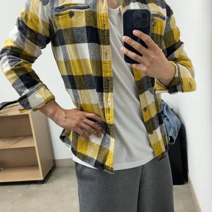 [BUNJANG] Denim Collar Check Shirt L / 데님카라 체크 셔츠 100 L