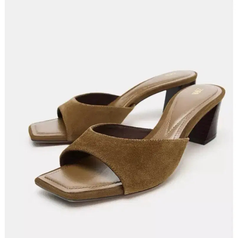 [BUNJANG] Zara Chunky Heel Suede Mule Sandals / 자라 청키힐 스웨이드 뮬 샌들