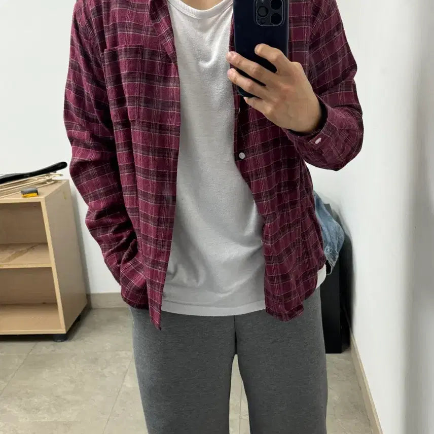 [BUNJANG] Wine Check Pattern Shirt (100-105) / 체크 남방 셔츠 와인색 100-105