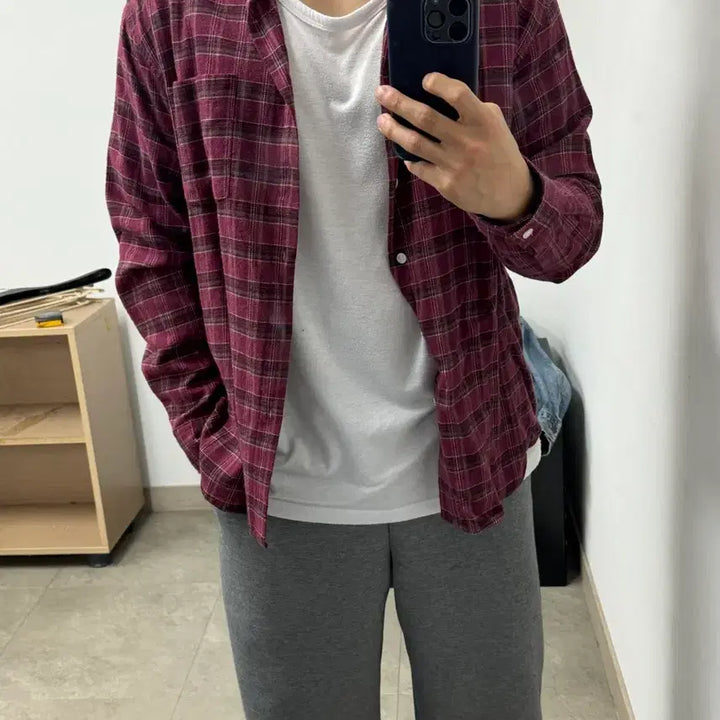 [BUNJANG] Wine Check Pattern Shirt (100-105) / 체크 남방 셔츠 와인색 100-105