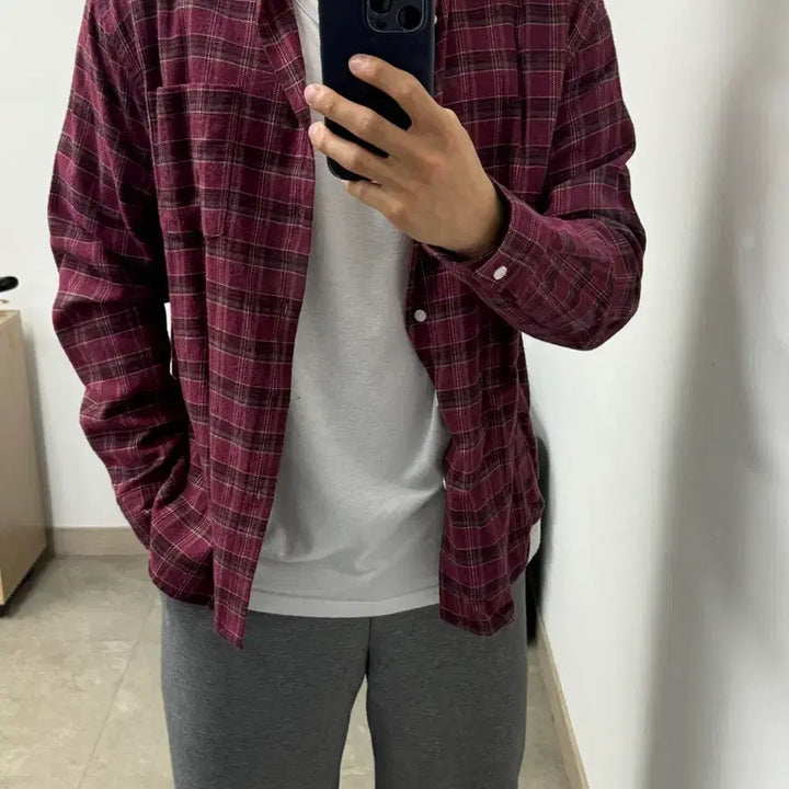 [BUNJANG] Wine Check Pattern Shirt (100-105) / 체크 남방 셔츠 와인색 100-105