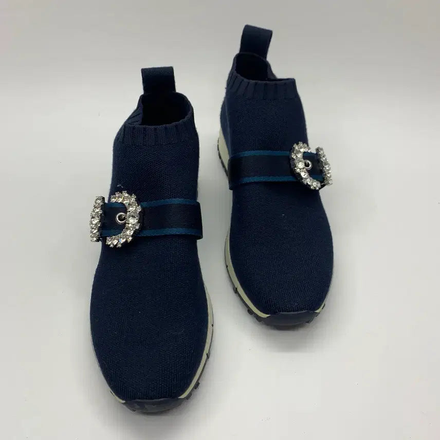 [BUNJANG] Jimmy Choo Knit Crystal Buckle Slip-On Navy Size 37.5 / 267001258 지미추 니트 크리스탈 버클 슬립온 네이비 37.5