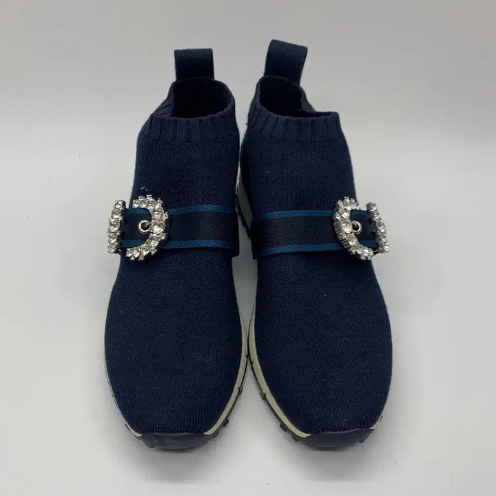 [BUNJANG] Jimmy Choo Knit Crystal Buckle Slip-On Navy Size 37.5 / 267001258 지미추 니트 크리스탈 버클 슬립온 네이비 37.5