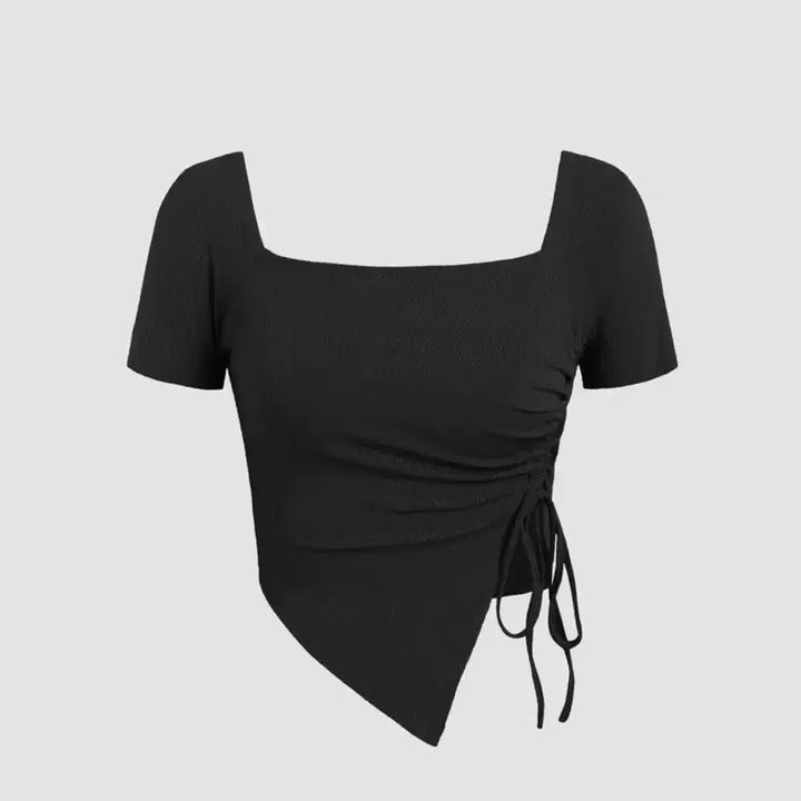 [BUNJANG] Shop Sider Square Neck Shirring Short Sleeve T-Shirt Black / 샵사이다 반팔티셔츠