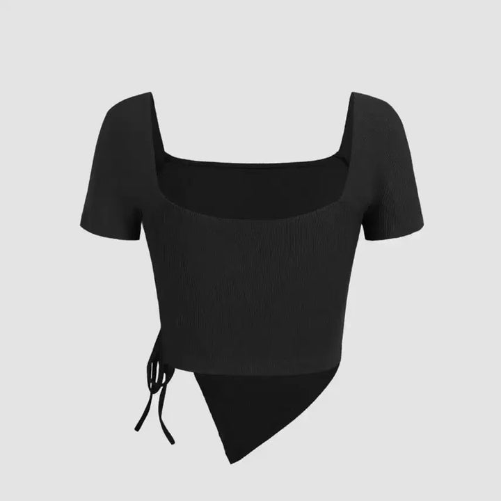 [BUNJANG] Shop Sider Square Neck Shirring Short Sleeve T-Shirt Black / 샵사이다 반팔티셔츠