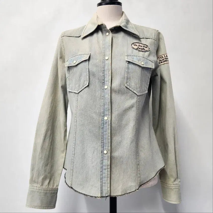 [BUNJANG] GIA Vintage Western Embroidered Patch Denim Shirt Light Blue 55 / GIA 빈티지 웨스턴 자수 패치 데님 셔츠 연청 55