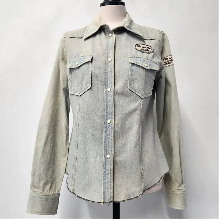 [BUNJANG] GIA Vintage Western Embroidered Patch Denim Shirt Light Blue 55 / GIA 빈티지 웨스턴 자수 패치 데님 셔츠 연청 55