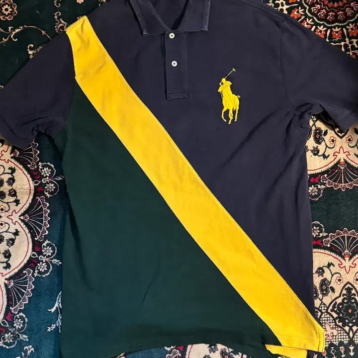 [BUNJANG] Polo Ralph Lauren Big Pony Color Block Polo Shirt - Medium / 폴로 랄프로렌 네이비 옐로우 배색 빅포니 카라티 M