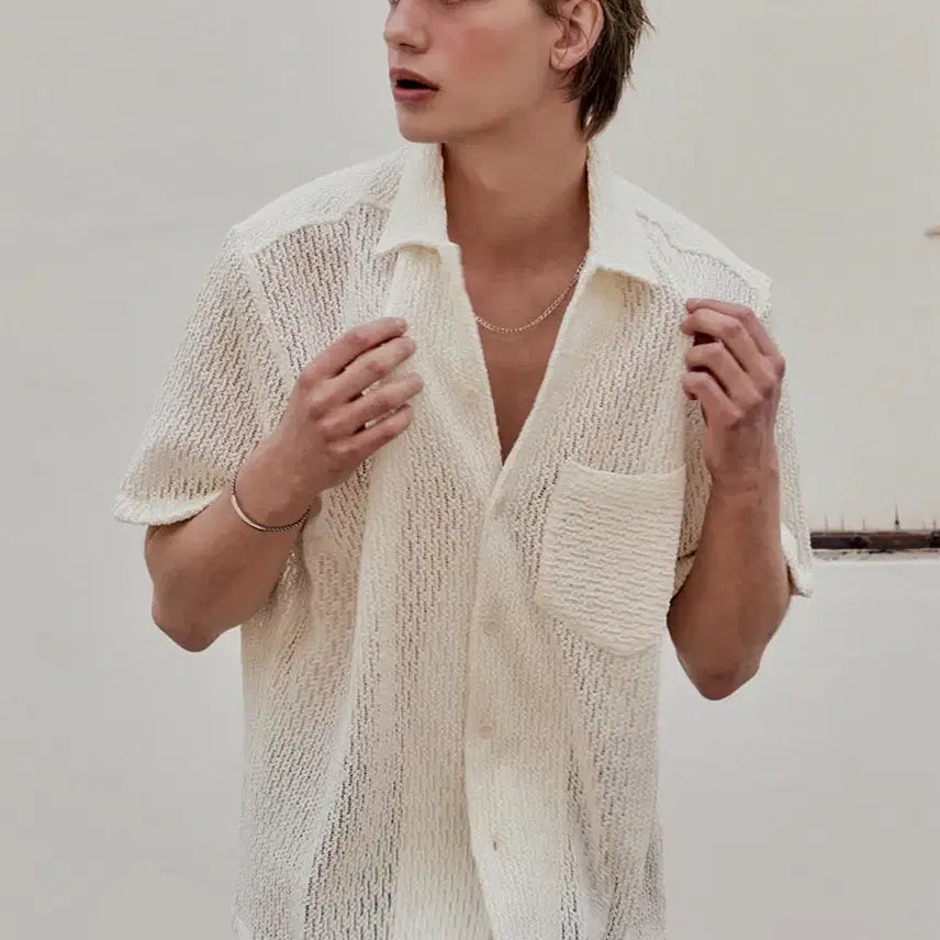 [BUNJANG] Plac Lace Open Short Sleeve Collar Shirt / [플랙] 레이스 오픈 반팔 카라 셔츠