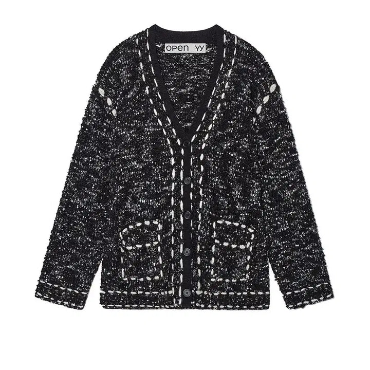 [BUNJANG] OPEN YY Tweed Stitch Cardigan Black / 오픈와이와이 OPEN YY 트위드 스티치 가디건 블랙