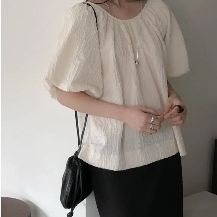 [SOLD OUT] 르 버터 코튼 자가드 퍼프 블라우스