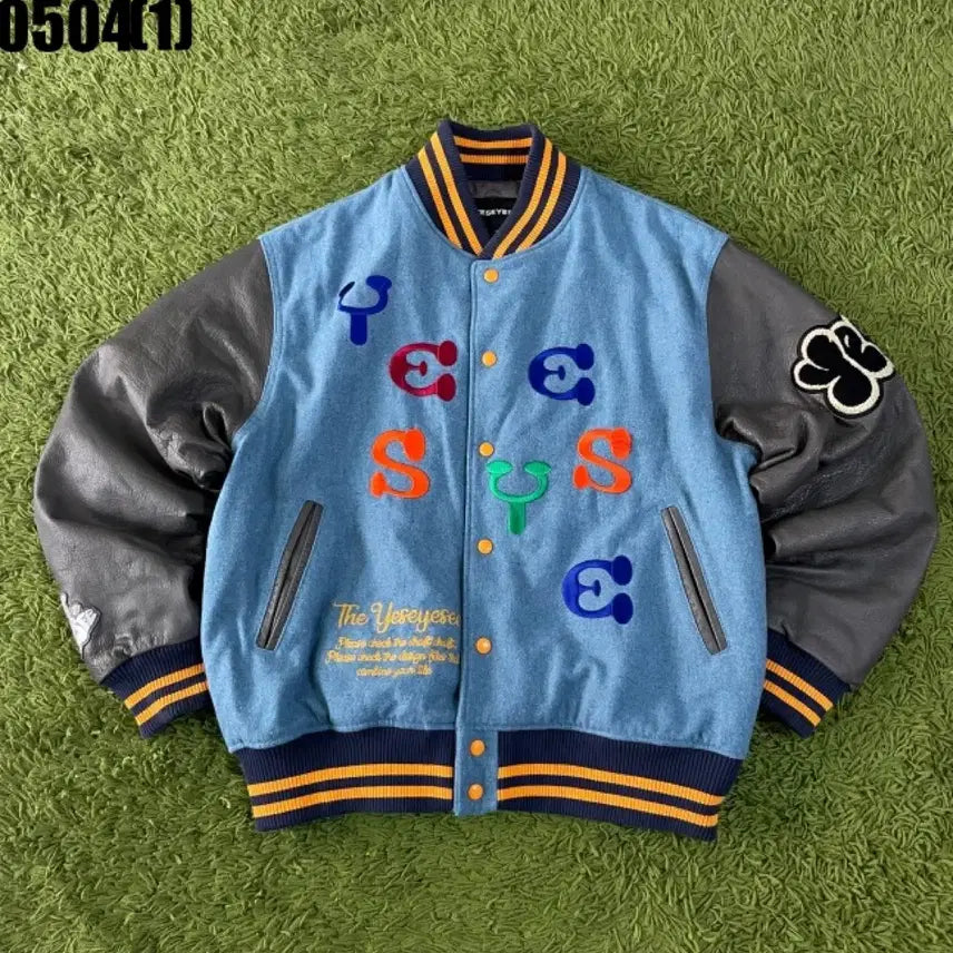 [BUNJANG] Yeseyesee Denim Leather Stadium Jacket / Yeseyesee 데님 레더 스타디움 자켓