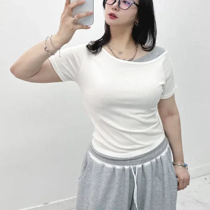 [BUNJANG] Layered Short Sleeve T-Shirt (3 Colors, Plus Size Available) / 새상품 레이어드 반팔 티셔츠 3컬러 빅사이즈 가능 55-77